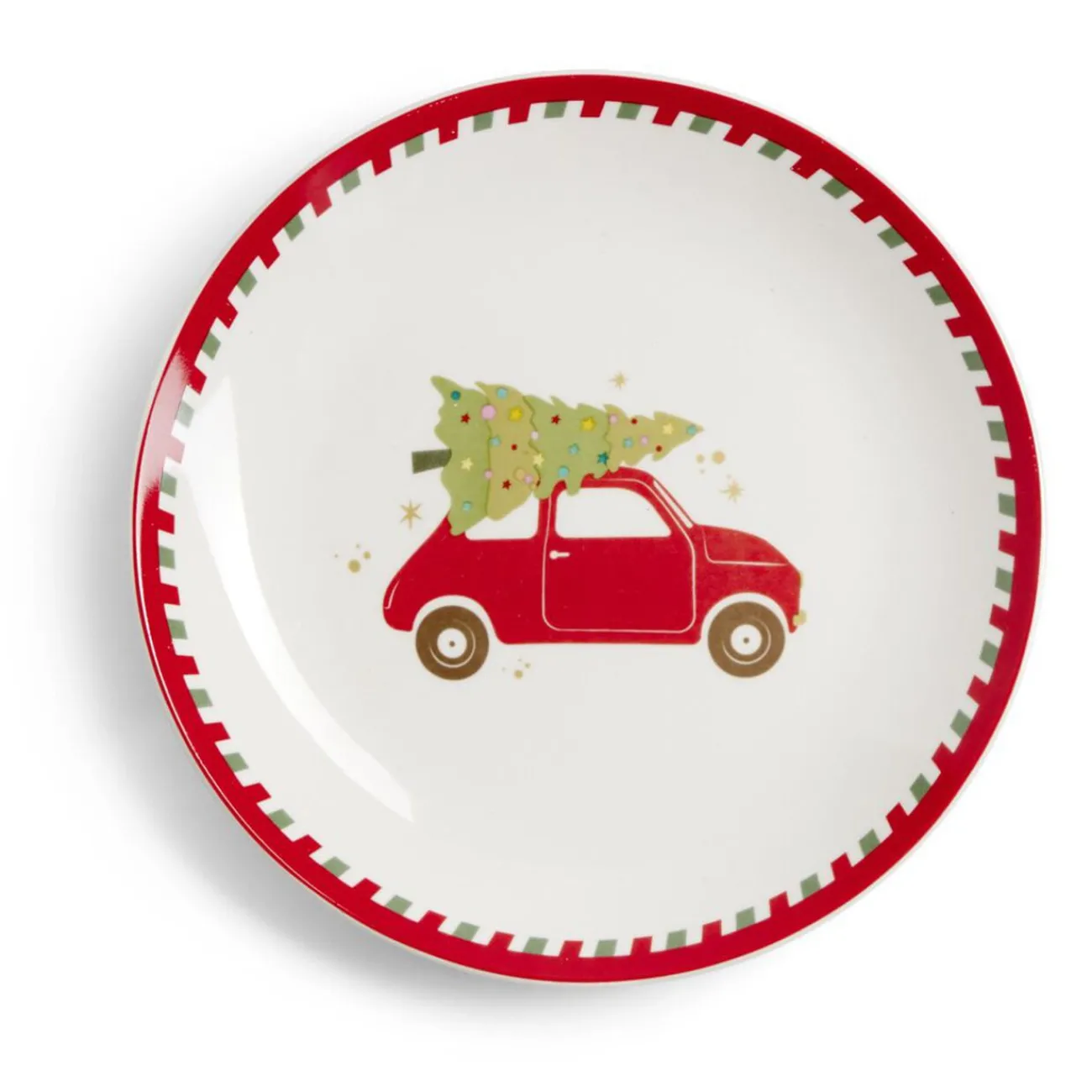 Gifi Assiette à dessert Noël porcelaine blanche motif voiture rouge Ø19cm