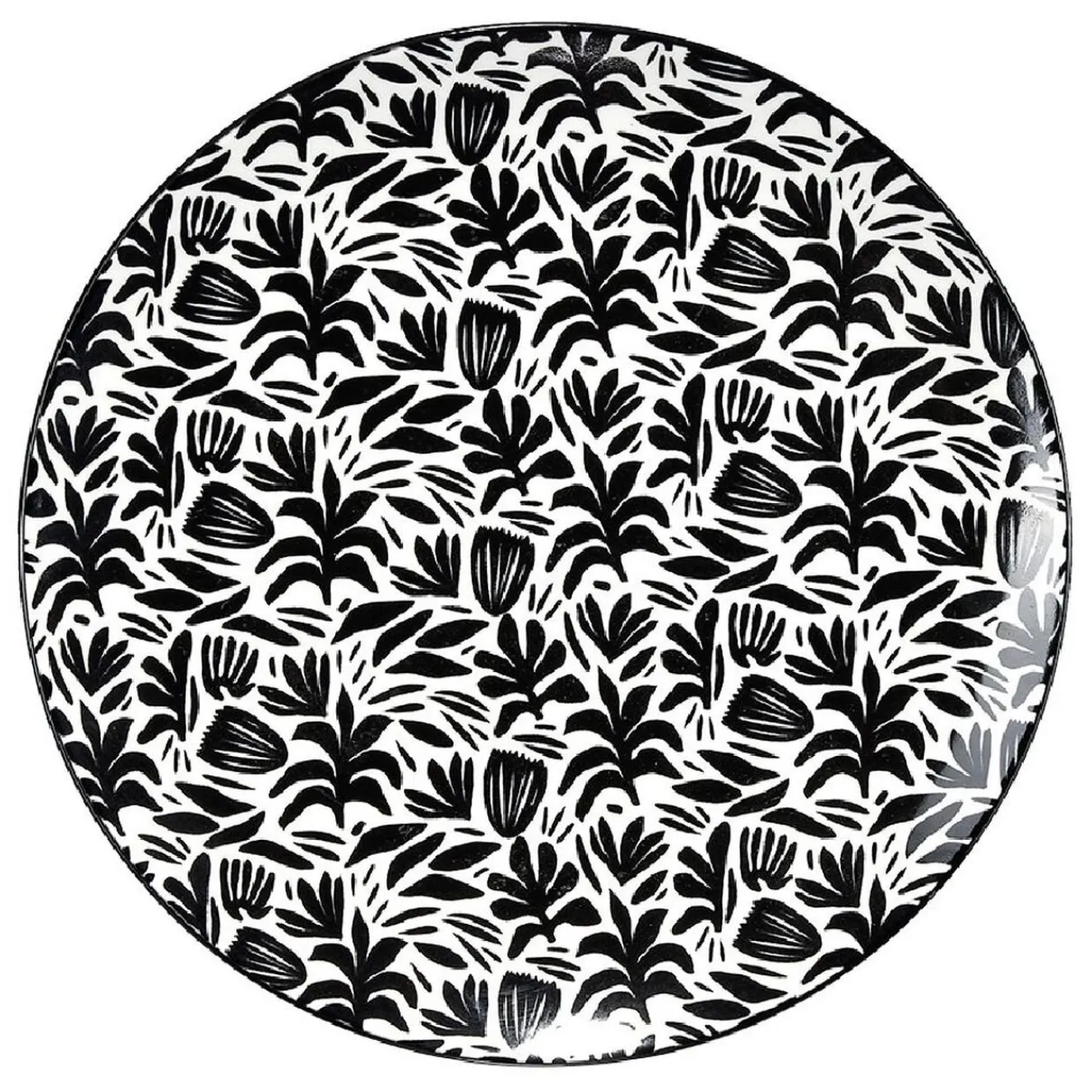 Gifi Assiette à dessert porcelaine motif feuillage noir blanc Ø19xH2cm
