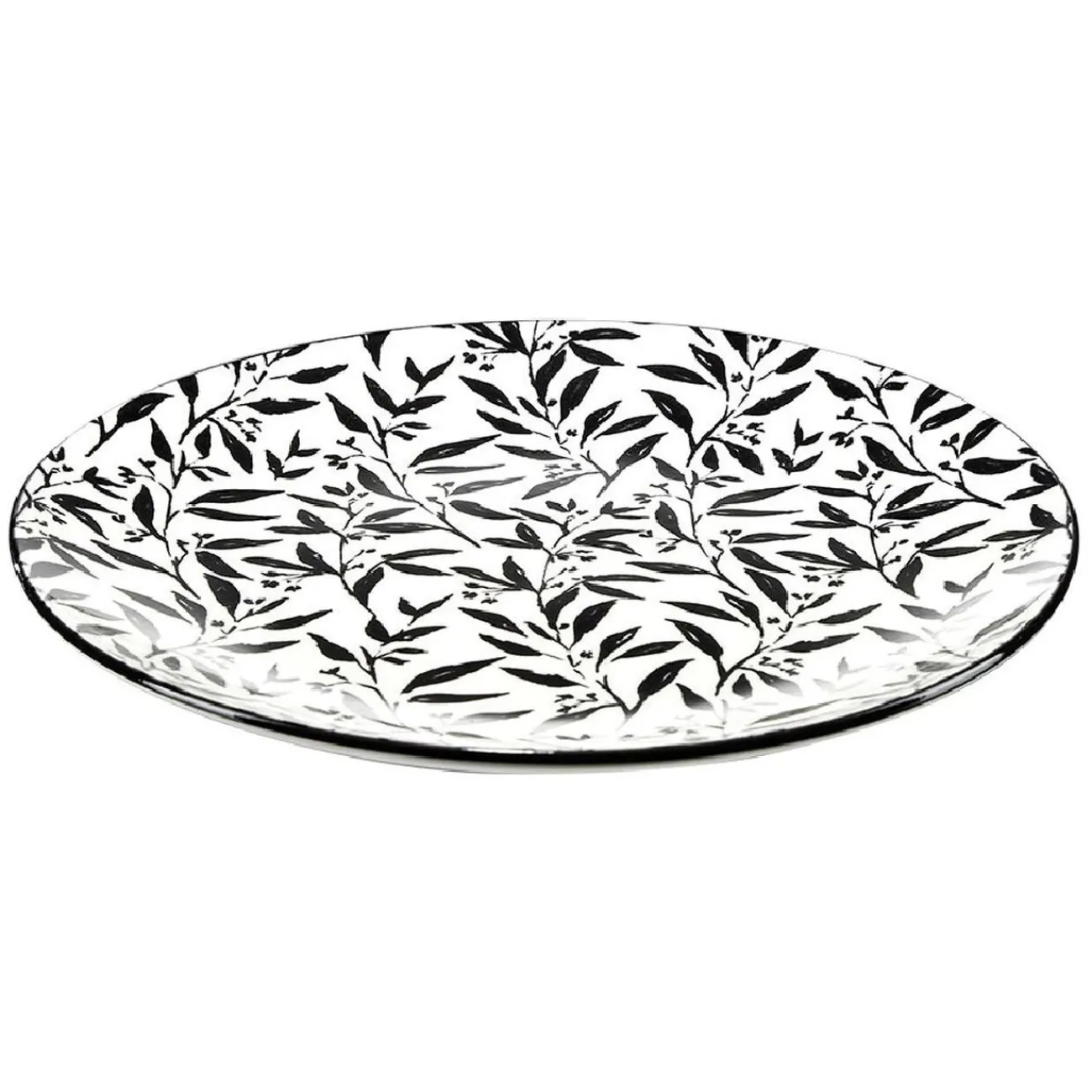 Gifi Assiette à dessert porcelaine motif feuillage noir blanc Ø19xH2cm