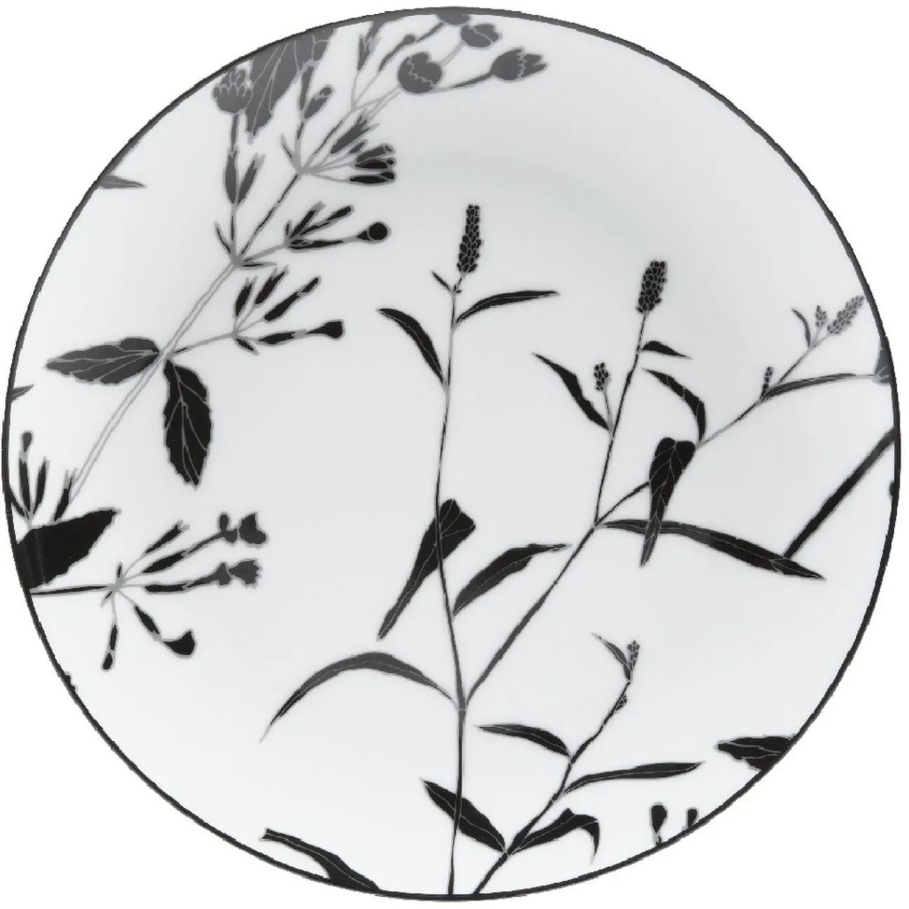 Gifi Assiette à dessert ronde blanche décor tiges feuilles noires