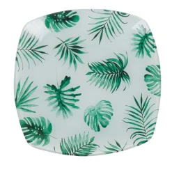 Gifi Assiette dessert carrée blanche motif feuille tropicale vert