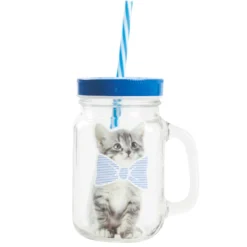 Gifi Bocal à paille avec anse et couvercle motif chat bleu et blanc