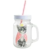 Gifi Bocal à paille avec anse et couvercle motif chat rose et blanc
