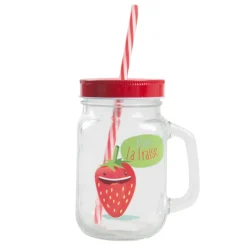 Gifi Bocal à paille avec anse et couvercle Blaise La Fraise rouge et blanc