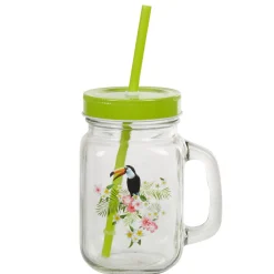Gifi Bocal à paille et couvercle style tropical avec support x4