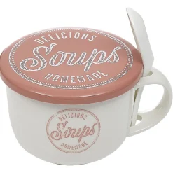 Gifi Bol à soupe avec couvercle et cuillère en porcelaine