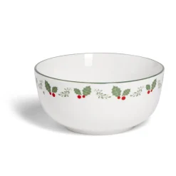 Gifi Bol en porcelaine blanc bord vert avec motif feuillage houx Ø13xH6,5cm