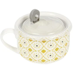 Gifi Bol jumbo soupe avec couvercle en porcelaine blanc motif jaune