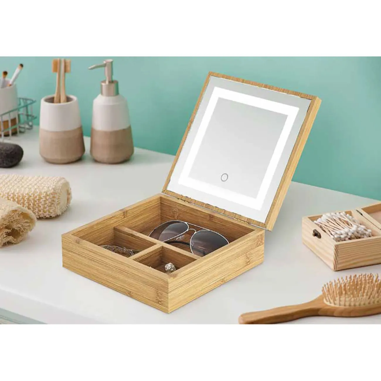 Gifi Aménagement Salle De Bain^Boîte à bijoux avec miroir à led en bambou