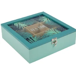 Gifi Boîte à thé carrée vert d'eau et décor tropical tea time
