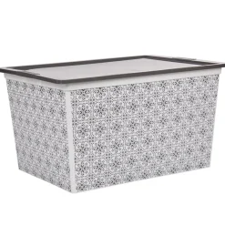 Gifi Rangement|Boîte de rangement bohème blanc gris et couvercle gris 50 L