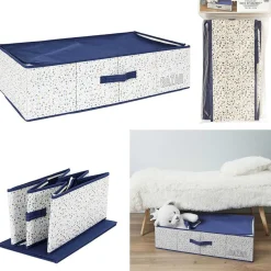 Gifi Rangement|Boîte rangement dessous de lit tissu terrazzo blanc bleu 70x40xH18cm