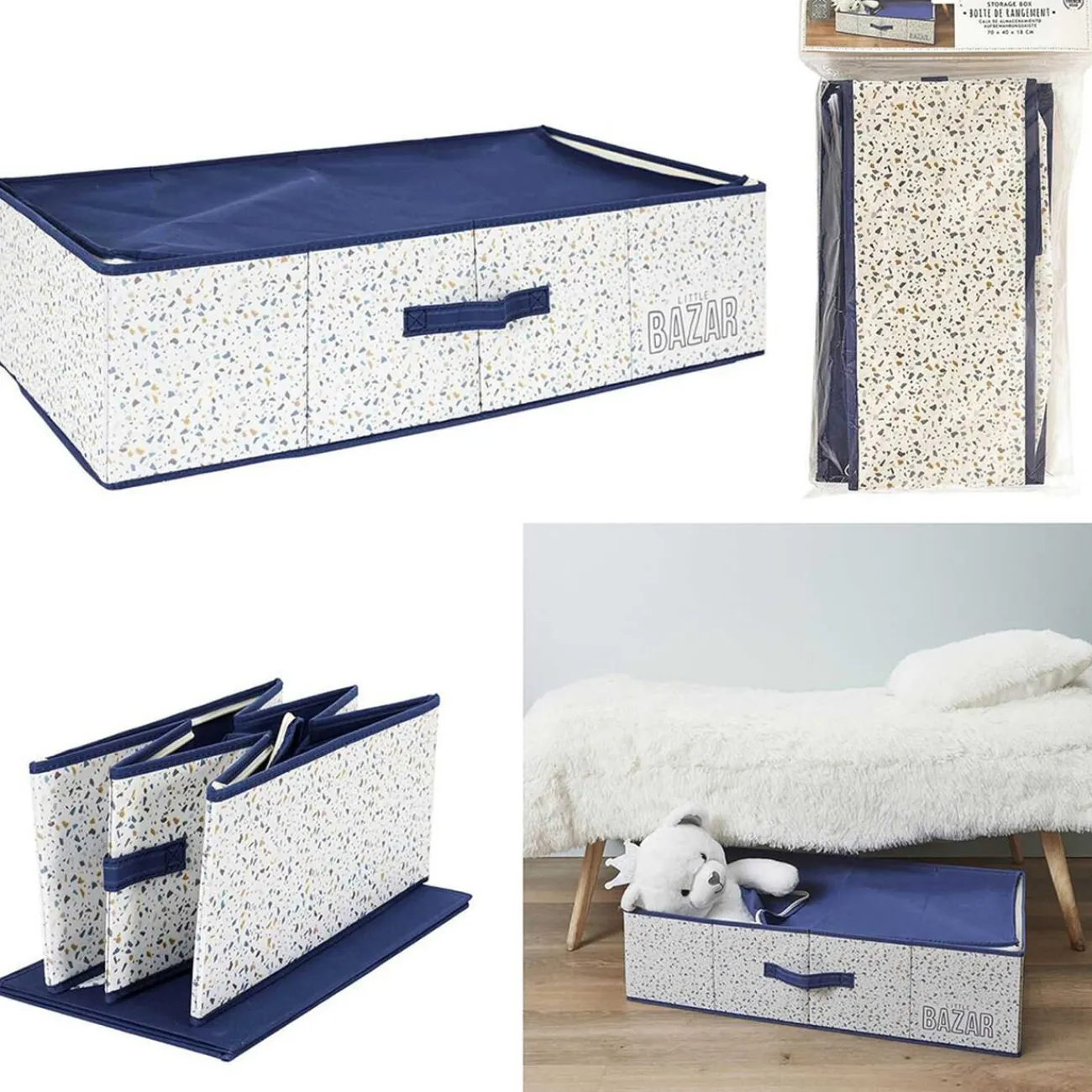 Gifi Rangement|Boîte rangement dessous de lit tissu terrazzo blanc bleu 70x40xH18cm