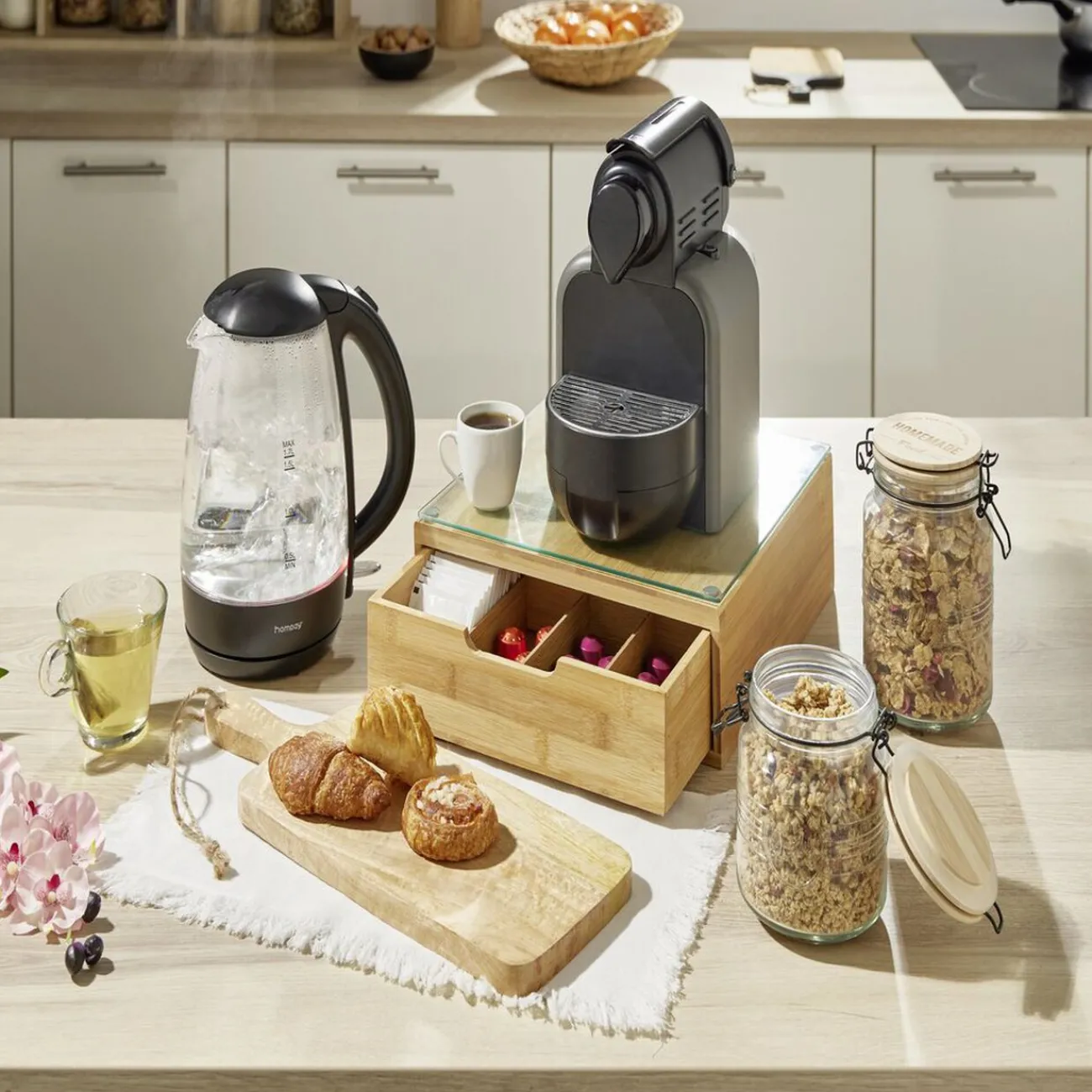 Gifi Boîte tiroir à dosettes en bambou et verre