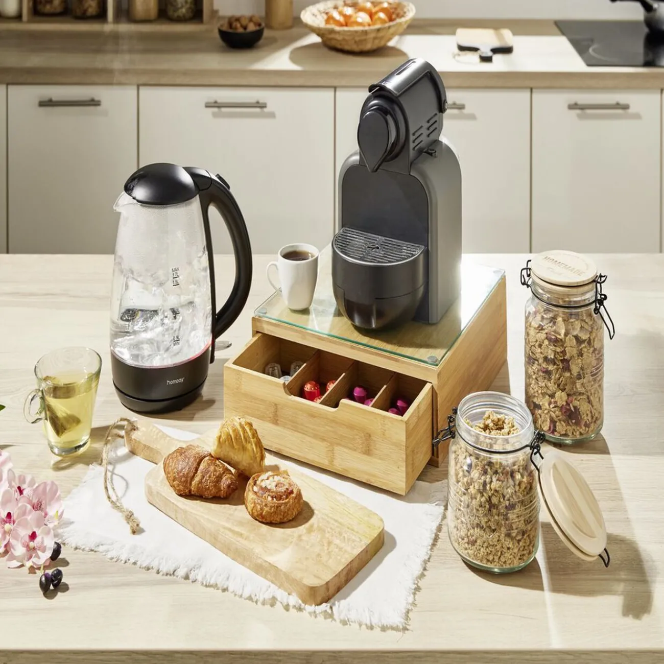 Gifi Boîte tiroir à dosettes en bambou et verre