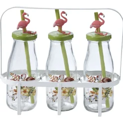 Gifi Bouteilles x3 avec pailles design exotique x3 panier métal blanc