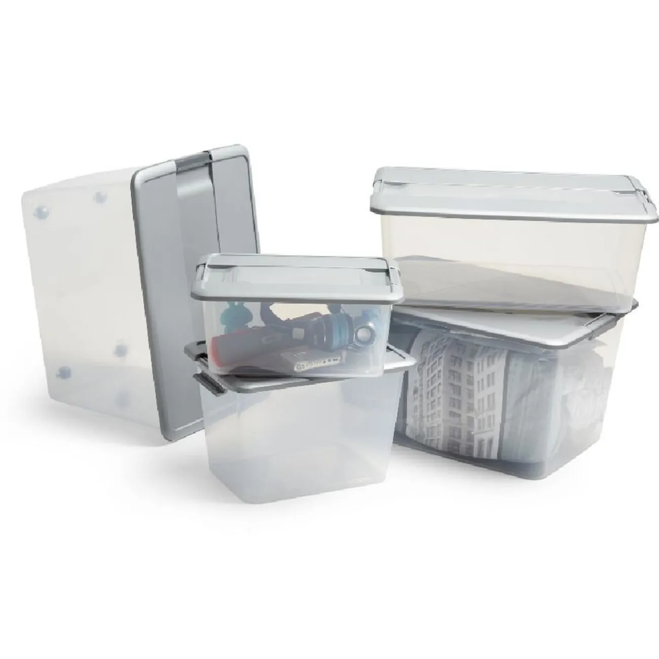 Gifi Rangement|Box de rangement A4 transparente couvercle gris poignées clips 12 L