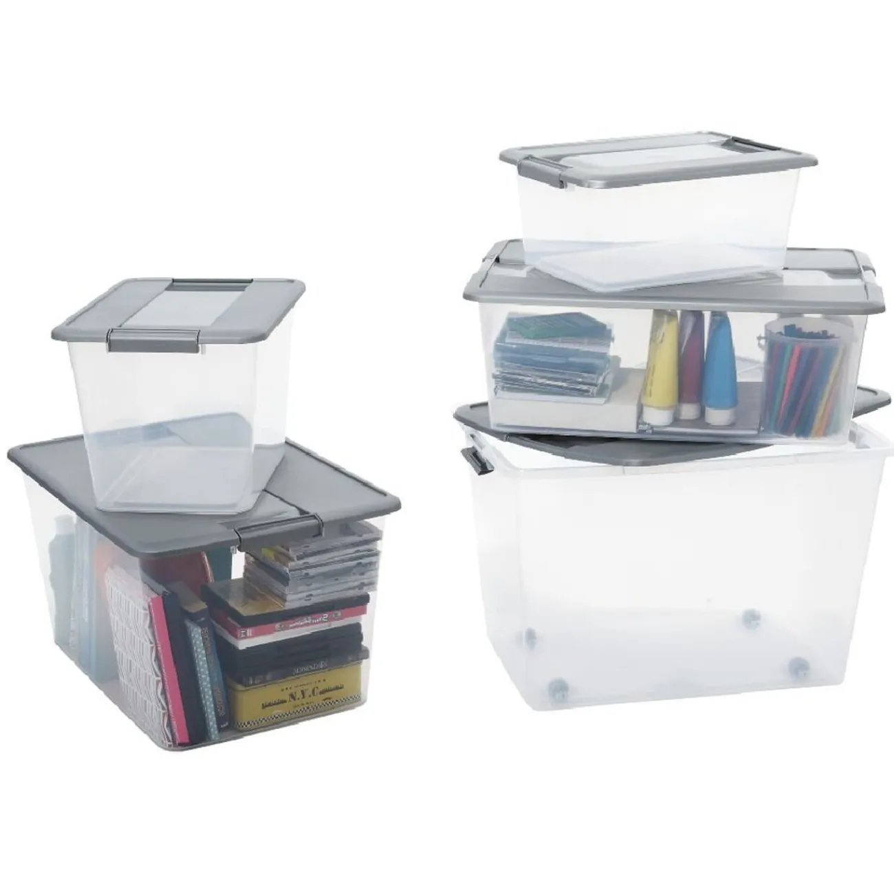 Gifi Rangement|Box de rangement A4 transparente couvercle gris poignées clips 18 L