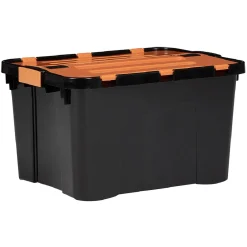 Gifi Rangement|Box de rangement brico noir avec couvercle orange à double ouverture 34L