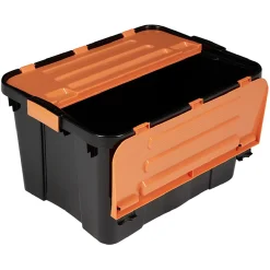 Gifi Rangement|Box de rangement brico noir avec couvercle orange à double ouverture 34L