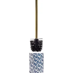 Gifi Equipement Wc^Brosse WC manche doré socle grès motif floral bleu et blanc Ø9,2xH36cm