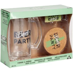 Gifi Coffret bière 3 pièces verre décapsuleur et sous-verre - 2 modèles