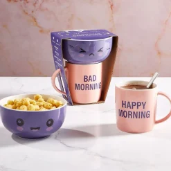 Gifi Coffret bol et mug en porcelaine Happy/Bad Morning - 2 modèles