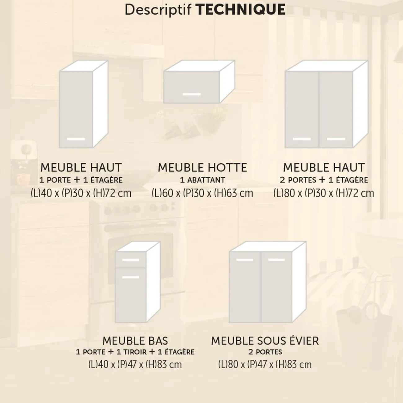 Gifi Cuisine 5 éléments finition chêne Sonoma L. 1,80 m