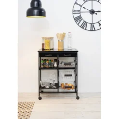 Gifi Desserte bistrot sur roulettes étagère panier tiroir bois métal noir