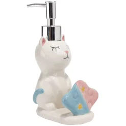 Gifi Aménagement Salle De Bain^Distributeur à savon forme chat avec porte éponge grès blanc rose bleu