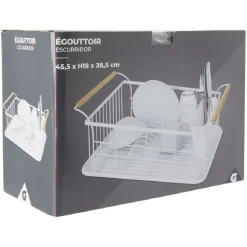 Gifi Egouttoir à vaisselle en métal blanc avec poignée en bambou