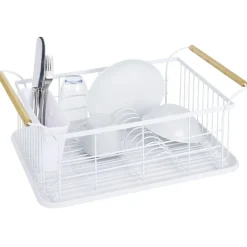 Gifi Egouttoir à vaisselle en métal blanc avec poignée en bambou