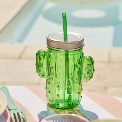 Gifi Gobelet en verre avec paille forme cactus ou fraise Ø10xH12,5cm