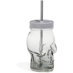 Gifi Gobelet en verre forme tête de mort avec paille et couvercle gris