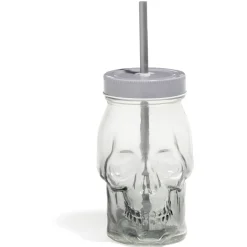 Gifi Gobelet en verre forme tête de mort avec paille et couvercle gris