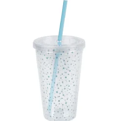 Gifi Gobelet plastique transparent couvercle et paille motif étoile bleu