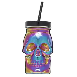Gifi Gobelet verre forme tête de mort couvercle et paille 500 ml