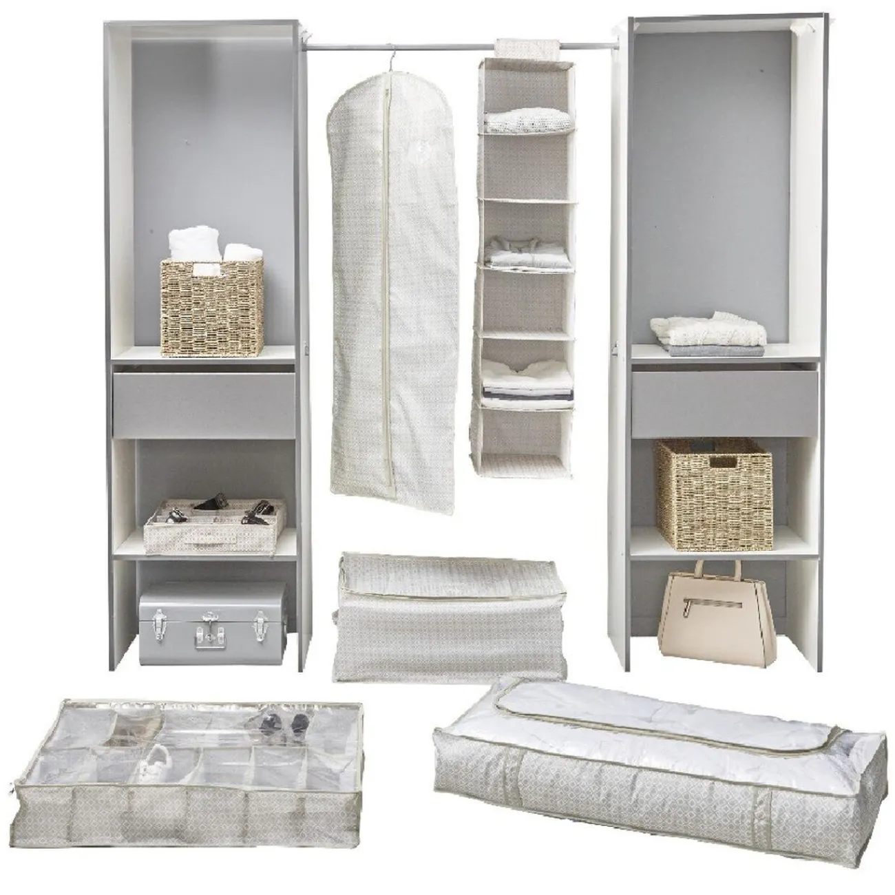 Gifi Rangement|Housse de rangement dessous de lit motif triangle beige et blanc