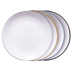 Gifi Lot de 4 assiettes plates rondes porcelaine blanche avec liseré coloré
