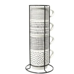 Gifi Lot de 4 tasses empilables 20cl porcelaine blanc et noir avec support métal