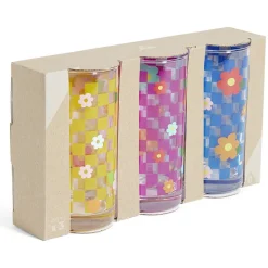 Gifi Lot de 3 verres motif fleurs et carreaux 290ml