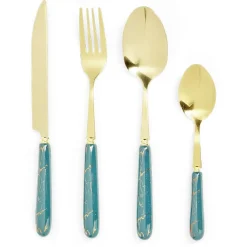 Gifi Ménagère inox x16 doré avec manche effet marbre