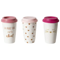 Gifi Mug de transport en céramique rose motif tête de chats doré 400 ml