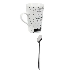 Gifi Mug porcelaine avec cuillère inox motif pois noir blanc 45 cl