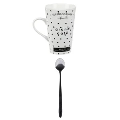 Gifi Mug porcelaine avec cuillère inox motif pois noir blanc 45 cl