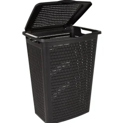 Gifi Entretien Du Linge|Panier à linge avec poignées et couvercle design rotin noir 50 L