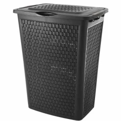 Gifi Entretien Du Linge|Panier à linge avec poignées et couvercle design rotin noir 50 L