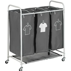 Gifi Entretien Du Linge|Panière à linge 3 compartiments à roulettes