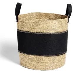 Gifi Entretien Du Linge|Panière à linge ronde 52L Ø37xH38cm jonc de mer et feutrine noir