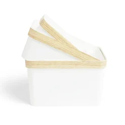 Gifi Rangement|Panière blanche avec rebord imitation bois 35,5x26xH13,5cm